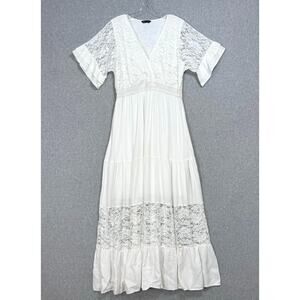 Simplee Lace Maxi Dress Size L SS V Neck Lined Destination Beach Wedding Bridal